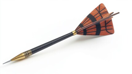 This image captures a single dart with red feathers and a brass tip, isolated against a white background, representing precision, accuracy, and focus in a minimalist style.