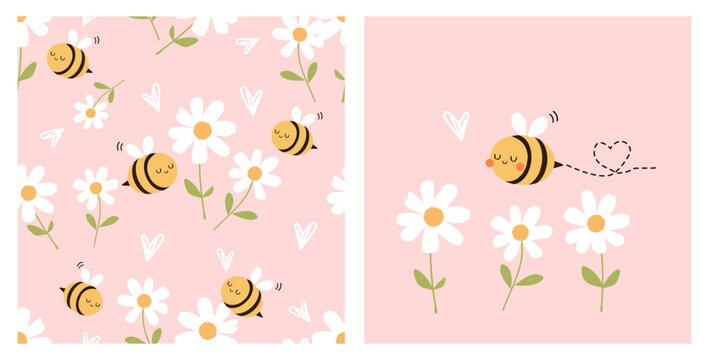 Seamless pattern with bee cartoons, hand drawn heart and daisy flower on pink background vector. Daisy icon set and bee cartoon.