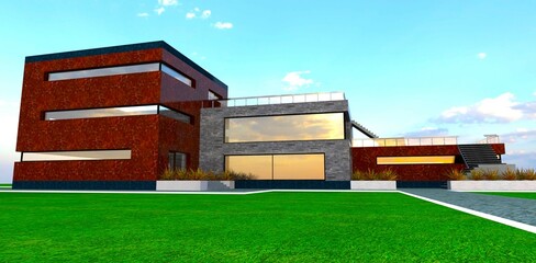 Author's design for the finishing of a private country estate in high-tech style, featuring innovative building materials. 3D rendering.