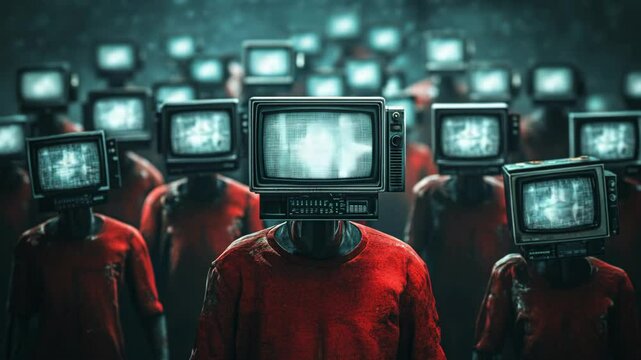 People with televisions instead of heads, standing in a dark atmosphere, symbolize mass culture and the influence of media.