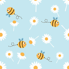 Seamless pattern with daisy flower and bee cartoon on blue background vector.