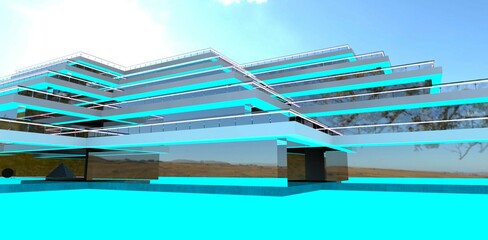 Design of a tiered facade for a luxurious hotel with a stunning turquoise seawater pool. 3D rendering.