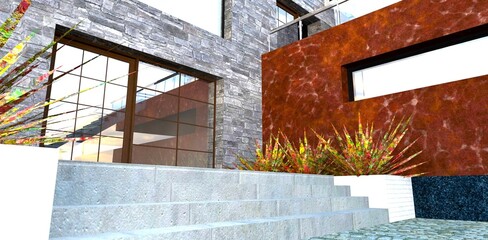 Design of the entrance to a modern country cottage. Red marble and gray natural stone. Concrete steps and glass double doors. 3D rendering.