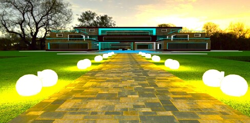 Double spherical lamps on the grass along the pedestrian walkway to an upscale estate at night. Gray concrete pavers. 3D rendering.