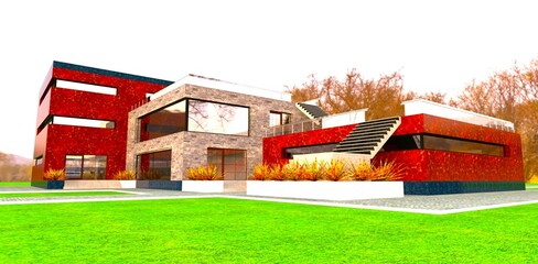 Modern cottage finished with high-quality building materials, located on a beautiful green lawn in an autumn forest. 3D rendering.