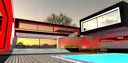 Red and white glowing stripes as night decor for a luxury cottage in high-tech style. 3D rendering.