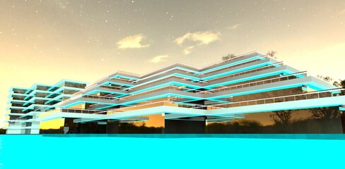 Reflection of turquoise water from a vast pool on the mirrored facade of a luxurious hotel in the Philippines. 3D rendering