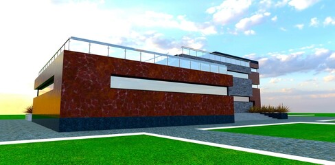 Site planning within a cottage village. Pedestrian pathways with white borders. Combined facade finishes of buildings. 3D rendering.