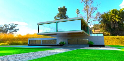 Sunlight glints on the ground near a private cottage built in a tropical oasis near Tenerife. 3D rendering.