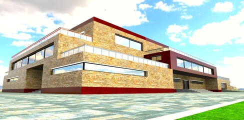 The base finished with red granite pairs well with yellowish decorative stone. A recent trend in modern construction. 3D rendering.