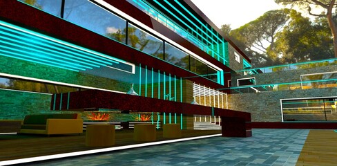A cozy atmosphere in a private mini-hotel for wealthy individuals near Nairobi. Decorative lighting elements highlight the design. View of the patio. 3D rendering.