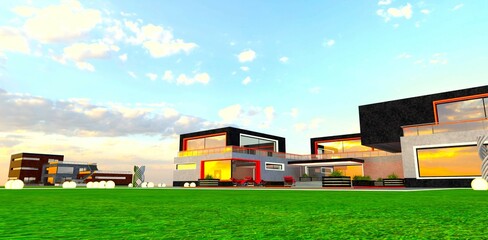 A beautiful morning in a cottage village near the capital of Montana. Wispy clouds drift over the green grass. 3D rendering.