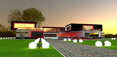 A granite cobblestone pathway leading to a luxury estate in high-tech style is illuminated by double lamps placed on the grass at night. 3D rendering.