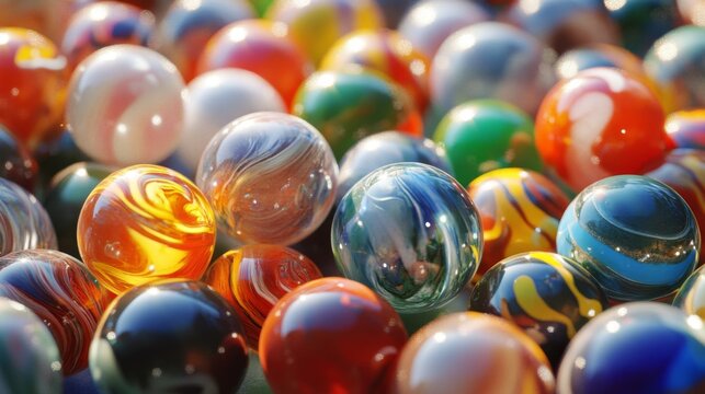 A diverse collection of glass marbles showcasing a variety of vibrant colors and intricate patterns, highlighting the elegance and simplicity of this classic toy.