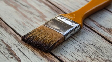 Fototapeta premium A close-up shot of a paintbrush featuring a yellow handle lying on a weathered wooden surface, representing creativity and the artistic process with a rustic feel.