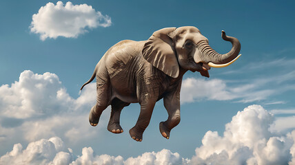 Fototapeta premium A whimsical magical elephant soaring through the sky, trunk raised, against fluffy white clouds, in a playful illustrative and icon style.