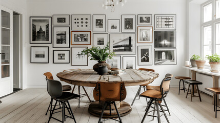 Fototapeta premium A chic and stylish dining room with a large, round wooden table, mismatched chairs, and a gallery wall showcasing a collection of black and white photographs