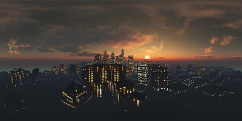 panorama of the night city, HDRI, environment map, Round panorama, spherical panorama, equidistant projection, 360 high resolution panorama  © ustas