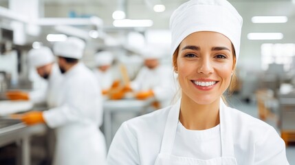 Smiling chef in a modern kitchen, showcasing culinary passion and teamwork among professionals in a vibrant culinary environment.
