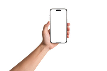 Hand showing smartphone with blank screen isolated on white background. Concepts for business finance, Concept technology, Concept product advertising and Concept marketing. Image high quality for you