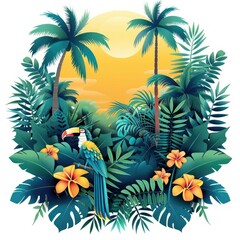 A toucan perched on a branch in a tropical rainforest setting