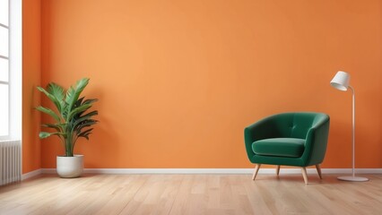 Green Armchair in Minimalist Living Room with Orange Wall