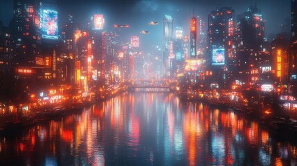 Fototapeta premium futuristic cityscape at night neonlit skyscrapers reflecting in calm water holographic advertisements floating above streets flying vehicles zipping between buildings