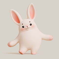 Simple fat cute kawaii soft fluffy cartoon white bunny with eyebrows, pink ears, cheeks stands in a funny dance jumping pose with his arms outstretched. Lovely adorable pet. 3d render in pastel colors