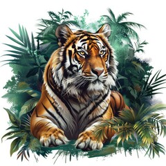 Majestic Tiger Resting Amidst Lush Tropical Foliage