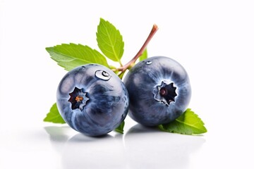 Obraz premium Two ripe blueberries with green leaves isolated on white background.