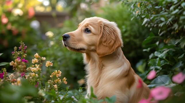 Curious and playful Golden Retriever puppy exploring a lush verdant garden with a sense of childlike wonder and enthusiasm taking in the sights smells