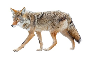 Fototapeta premium A coyote walks across a snowy field, surrounded by winter landscape