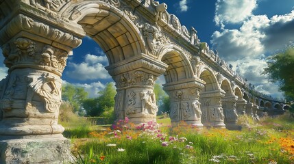 Obraz premium Ancient stone arches with floral carvings stand against a blue sky, inviting tales of grandeur.
