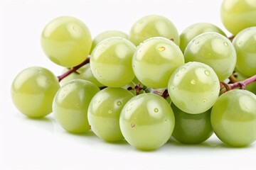 Close-up of green grapes with a white background.