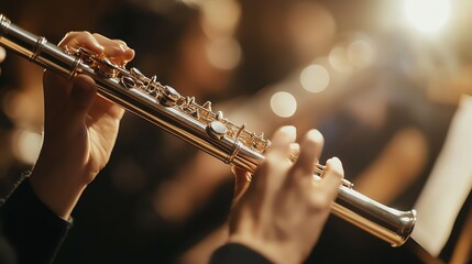 A flutist's hands playing a silver flute.