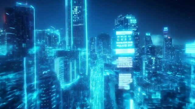 Abstract view of a futuristic city with glowing blue neon lights and networks of buildings