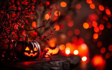 Seasonal Halloween decorations with horror elements and a festive atmosphere