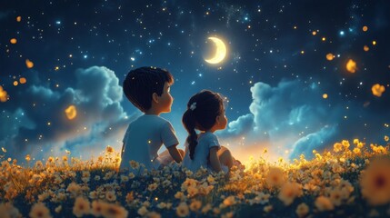 Boy and girl sitting on a beautiful flower hill and looking into the starry night sky. 3d style cartoon character