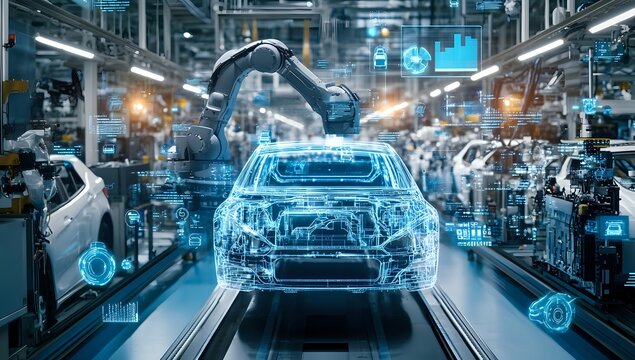 Automated Assembly Line Robots Build Cars with High-Tech Processes and Digital Visualization