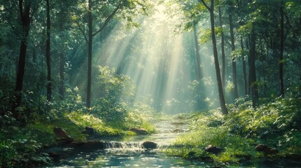 Obraz premium A serene forest scene featuring sunlight streaming through lush greenery, illuminating a gentle stream and creating a tranquil atmosphere
