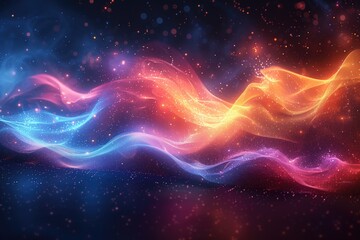Obraz premium An abstract representation of quantum entanglement, with particles linked by vibrant, colorful energy waves in a dark, starry background. 