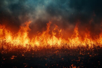 A dramatic scene of a wildfire, with intense flames consuming vegetation against a dark, smoky sky