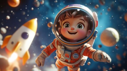 Naklejka premium 3d cartoon character boy in spacesuit flying next to space rocket on the background of stars and planets. Funny cheerful facial expression