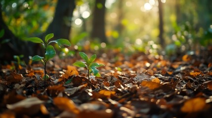 Fototapeta premium A serene forest scene featuring small green plants emerging from a bed of colorful autumn leaves, with soft sunlight filtering through the trees