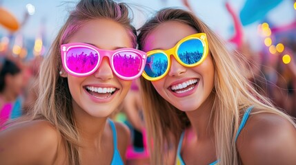 Two smiling women in colorful sunglasses enjoying a lively outdoor celebration at sunset, surrounded by a festive atmosphere.