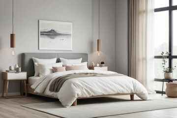 Minimalist Bedroom Interior with White Bed and Grey Headboard