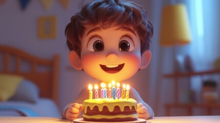 Happy boy looking at cake with candles, evening cozy lighting. Funny cheerful facial expression, 3d style cartoon character