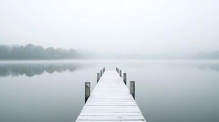 Obraz premium Serene White Pier Extending into Still Lake with Minimalistic Reflections