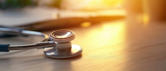 A stethoscope resting on a wooden table, illuminated by warm sunlight, symbolizing healthcare and wellness.