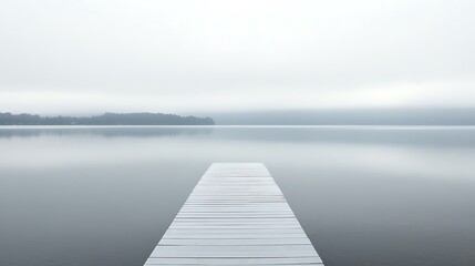 Obraz premium Tranquil White Pier Reflecting Minimalistic Colors in Still Lake Scene